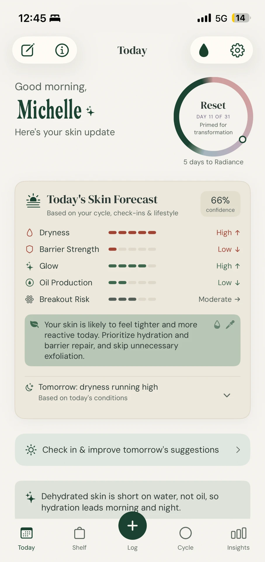 Dermasync Today screen with daily skin forecast