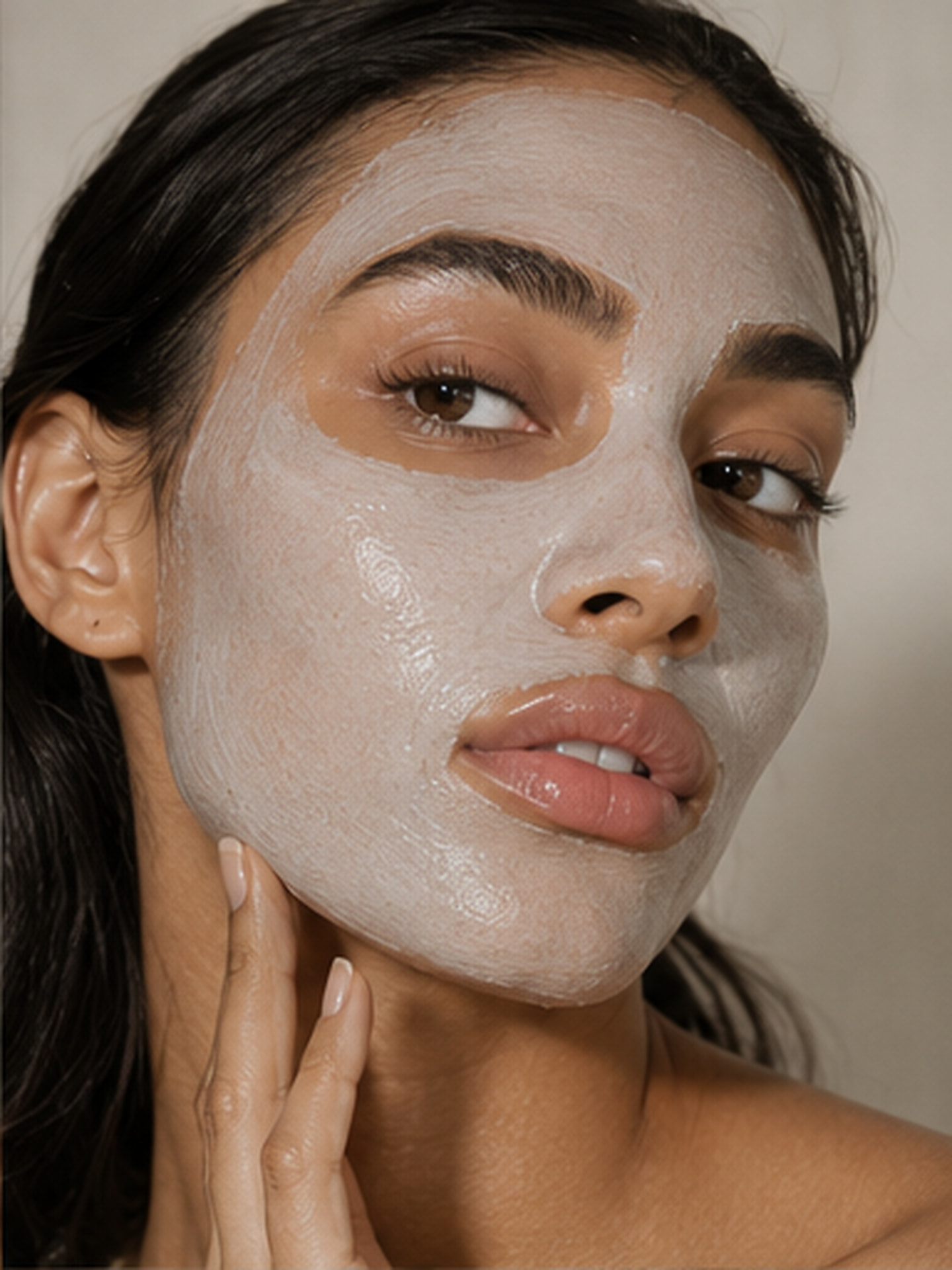 Woman applying a creamy skincare mask